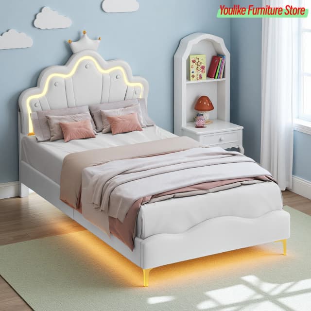 Comanlai Lit enfant 90x200 cm avec lumière LED et tête de lit en forme de couronne, lit rembourré avec sommier à lattes, cuir PU, blanc