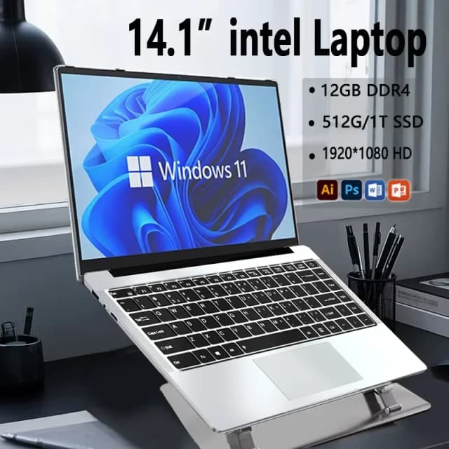 Ordinateur portable 14,1'' Windows 11 Intel Atom x7 A3950 180 °   Ordinateur portable mince pliant 12 Go de RAM 512 Go 1 To SSD 1920*1080 ordinateur d'étude de bureau