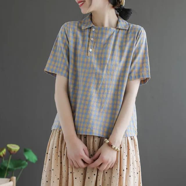 Chemisier vintage à carreaux pour femmes, chemises décontractées, style coréen, col rabattu, haute qualité, P990, été, nouveau, 2020