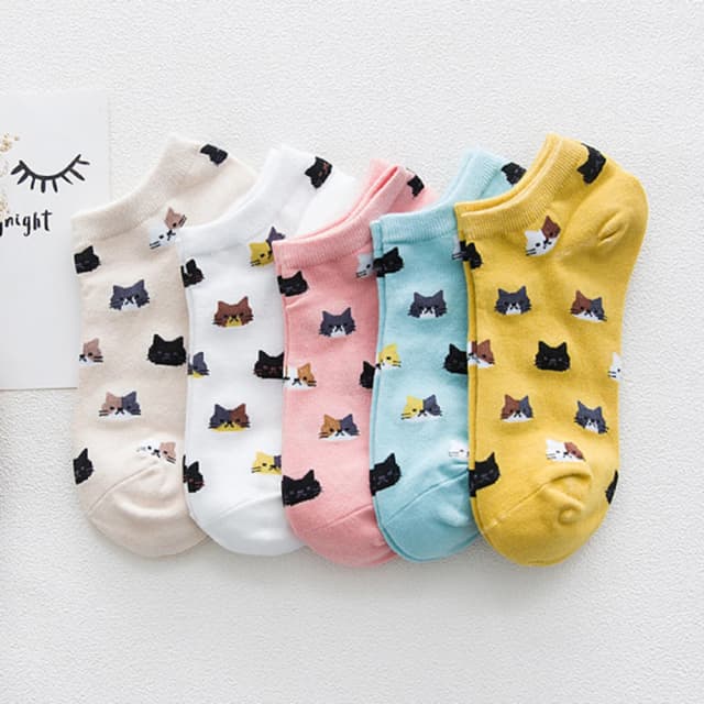 Chaussettes courtes de rinçage chat mignon pour femmes, animal de dessin animé, chaton, mode coréenne, filles Kawaii, chaussettes décontractées, 5 paires