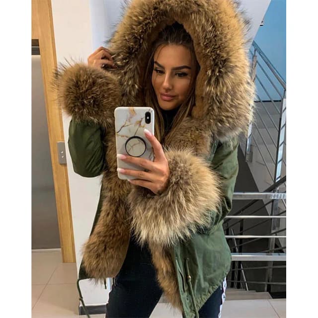 MAOMAOKONG-Manteau en Fourrure Naturelle pour Femme, Parkas à Col en Vraie Fourrure de Raton Laveur, Doublure en Fausse Fourrure, Veste Courte, Ajout de Patte de Fourrure Cuf, Vêtements d'Hiver