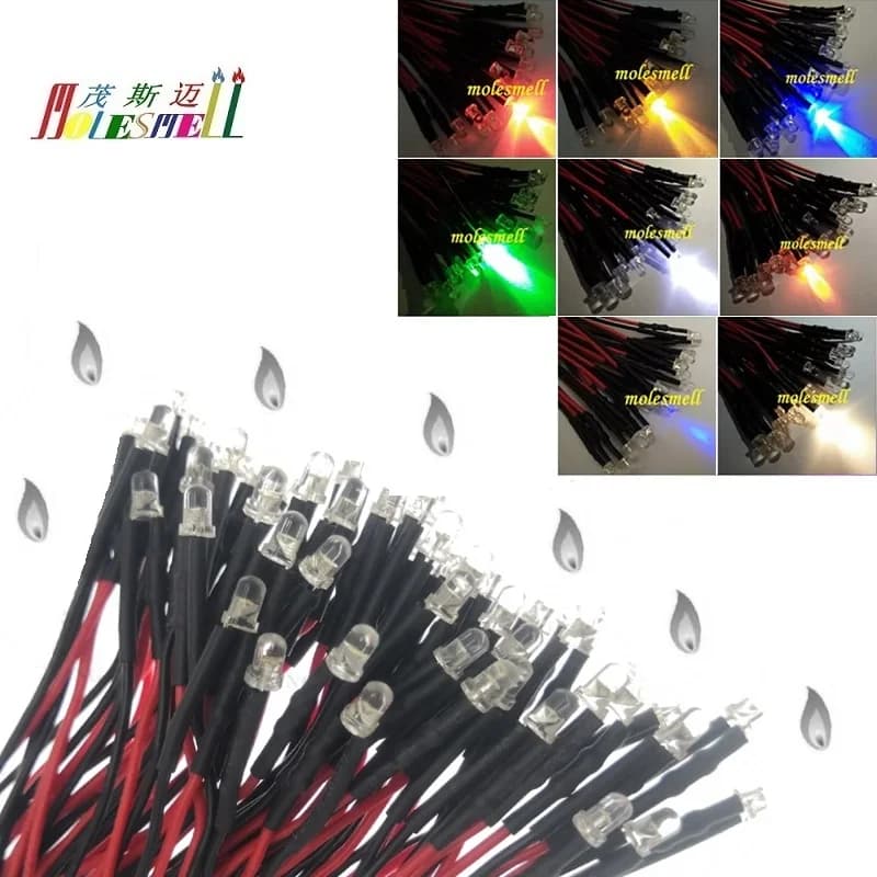10 pièces 3mm scintillement 3V DC pré-câblé eau clair bougie led rouge jaune bleu vert blanc Orange violet blanc chaud scintillement