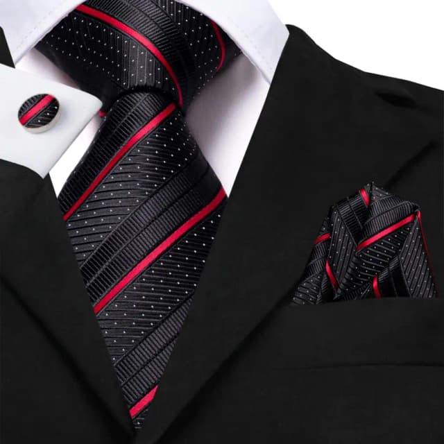 Cravate de mariage en soie à rayures noires et rouges pour hommes, bouton de manchette pratique, cadeau pour hommes, mode fête d'affaires, livraison directe, Hi-Tie Designer