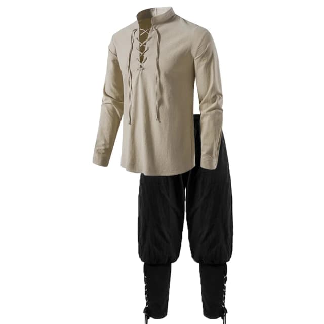 Ensemble de costumes de chevalier médiéval pour hommes, 2 pièces, chemises de Pirate Cosplay Renaissance, pantalons à bandes à la cheville pour Halloween, tissu en coton et lin