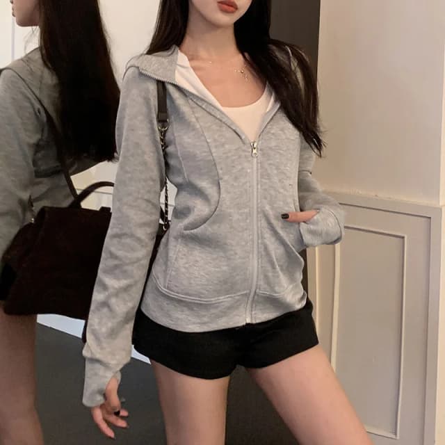 Sweat-shirt à capuche gris avec fermeture éclair pour femme, Cardigan coréen Slim Fit, manteau à manches longues, poches solides, veste de sport, nouvelle collection 2025