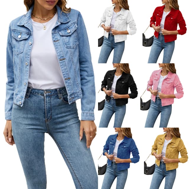 Vestes en Jean pour femmes, mode femme décontractée, manches longues, revers solide boutonné, poche poitrine, veste en Jean Slim, manteau d'automne et d'hiver