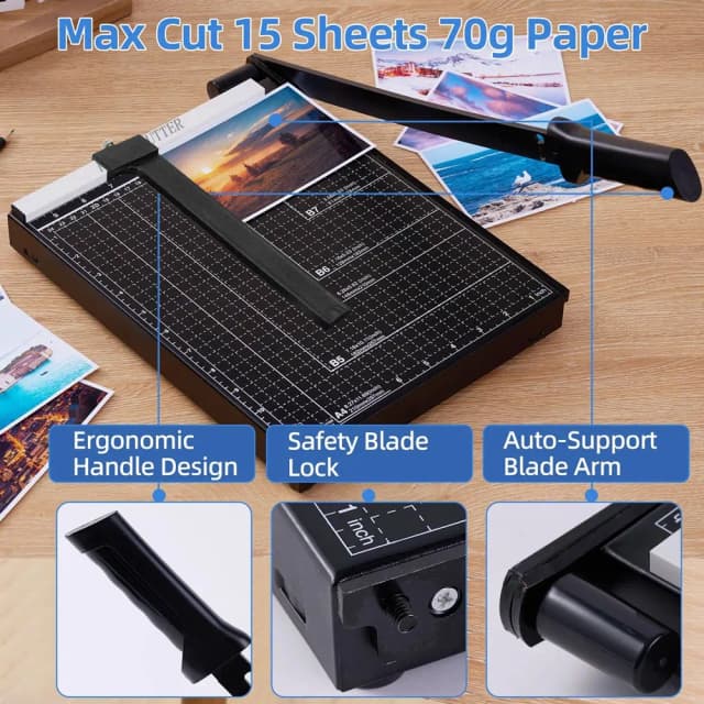 1 coupe-papier professionnel A4 noir avec base métallique robuste pour une coupe précise de cartes, de photos et d'artisanat.