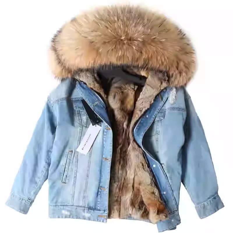 2025Maomaokong Denim veste Parka hiver femmes Parkas réel col de fourrure manteau naturel fourrure de raton laveur capuche véritable doublure de fourrure de lapin de luxe