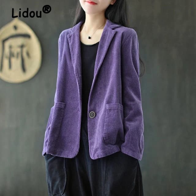 Printemps automne femmes Vintage velours côtelé décontracté Streetwear poches crantés Blazers femme Simple solide à manches longues veste de costume ample