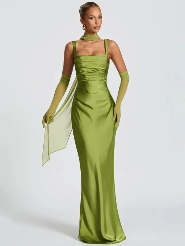 Mozision Satin dos nu Sexy robe Maxi femmes élégant licou épaules dénudées sans manches à lacets moulante Club fête longues robes