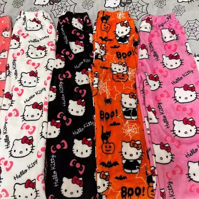 Pyjama en flanelle pour femmes, dessin animé d'halloween Hello Kitty, automne et hiver, Plus velours, chaud, décontracté, pantalon Graffiti pour la maison