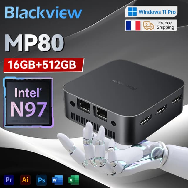 Blackview Mini PC MP80 12e Intel Alder Lake N97 WiFi 2.4/5G 16 Go DDR4 512 Go SSD Mini Ordinateur de Bureau 4K HD Windows 11 Pro
