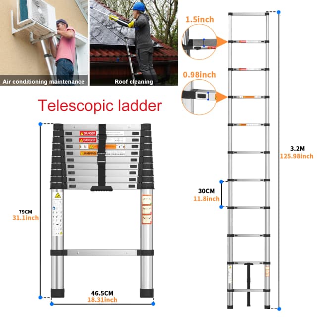 Échelle télescopique en acier de 2,6 m à 3,2 m, échelle télescopique pliante, réglable en hauteur, adaptée aux travailleurs aériens et en plein air