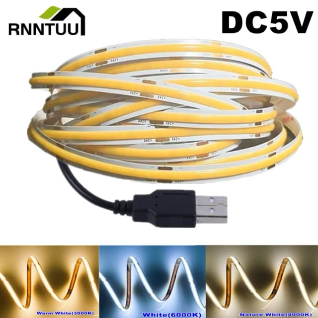 Bande lumineuse Led COB DC5V, avec alimentation USB, 320LED/m, éclairage flexible haute densité, 3000K/4500K/6500K, bande lumineuse multicolore
