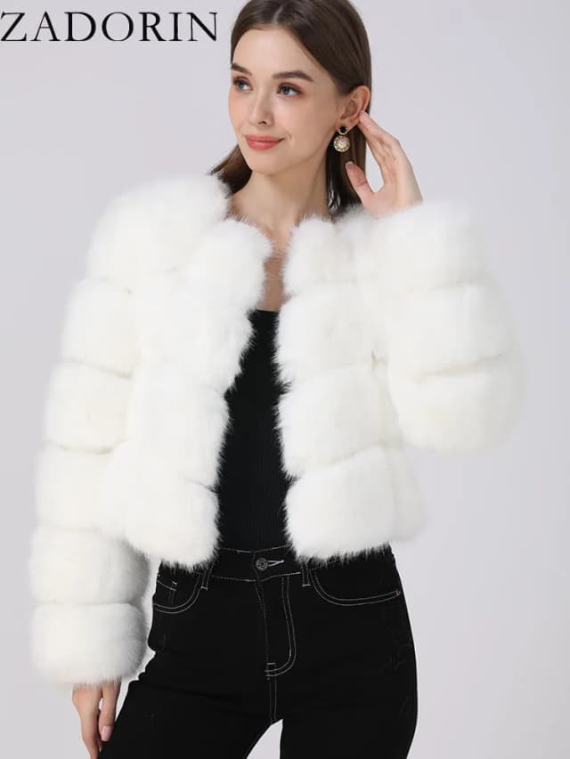 ZADORIN-Veste en Fausse Fourrure de Renard pour Femme, Top Croisé, Manteau de Luxe, Moelleux, Blanc, Hiver 2024, Y-Fourrure