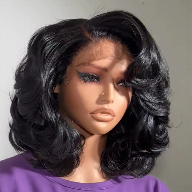 Perruque sans colle Wear Go 7x5 13x4 en cheveux humains, coupe bob ondulée, perruque frontale en dentelle HD 13x6, cheveux brésiliens, couleur noir naturel pour femmes