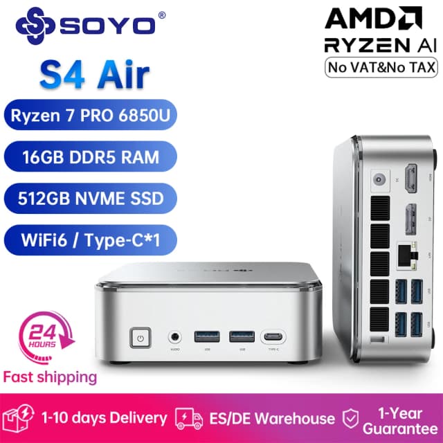 SOYO S4 Air Mini ordinateur de jeu AMD R7-6850U CPU 16GB DDR5 512GB SSD NVME PCIE3.0 fenêtre 11 Pro WiFi6/BT5.2 Mini ordinateur