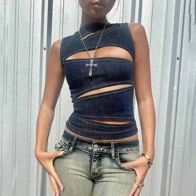 Talenza femmes sans manches col rond gilet été couleur unie creux mince gilet haut mode Sexy Streetwear femmes mince gilet haut