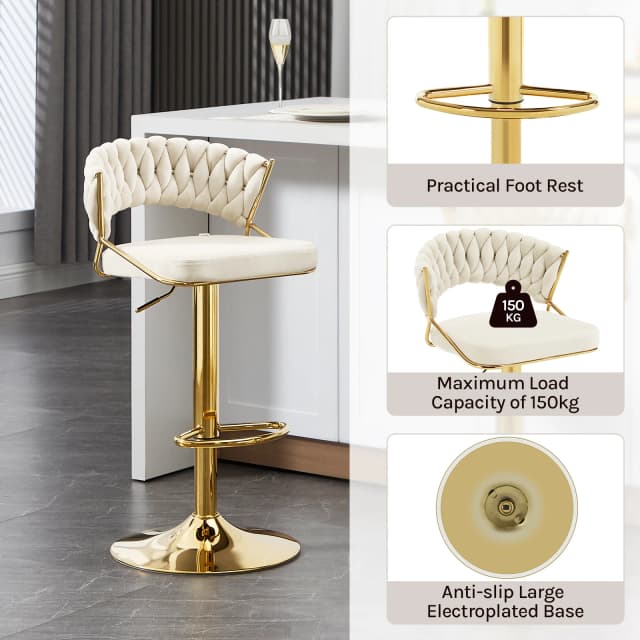 Ensemble de 2 tabourets de bar en velours, chaise de bar haute réglable en hauteur, tabouret de cuisine 360 ° Chaise de loisirs rotative, chaise de salle à manger avec dossier