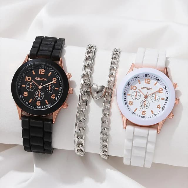 Montre à quartz à cadran circulaire avec bracelets en caoutchouc, 2 bracelets noirs et blancs, convient pour 03/Life
