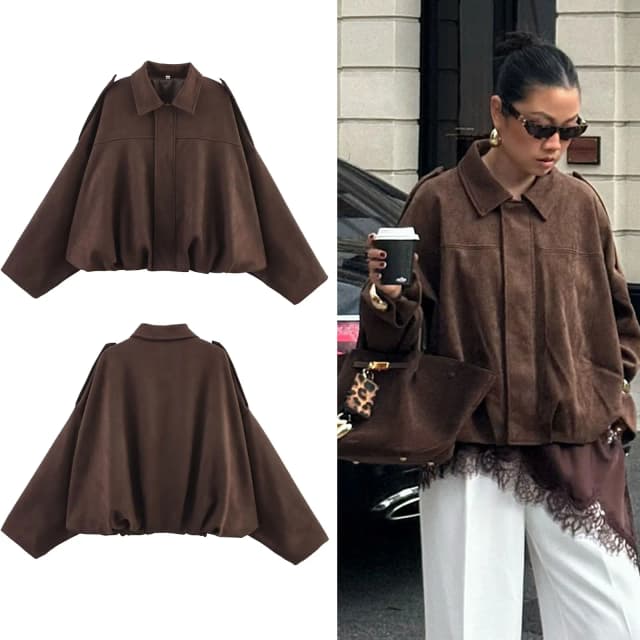 HH femmes rue mode solide ample daim Texture manteaux casual longues manches chauve-souris revers fermeture éclair mouche hiver Vintage vestes