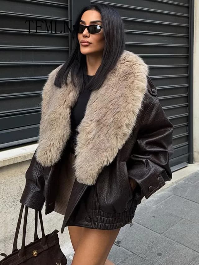 TFMLN 2025 hiver femmes veste en simili cuir ample mode retiré grand col de fourrure manteau décontracté haute rue Double boutonnage vêtements d'extérieur