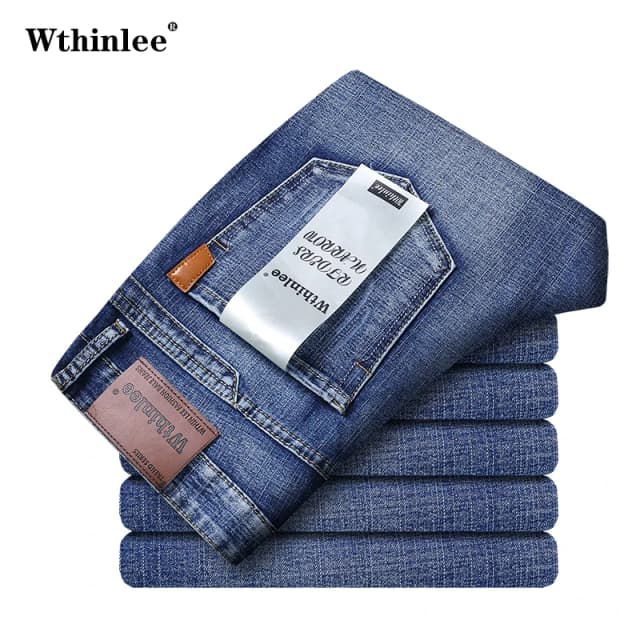 Jeans pour hommes d'affaires décontracté droit Stretch mode classique bleu travail Denim pantalon mâle WTHINLEE marque vêtements taille 28-40