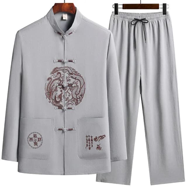 Chemises et pantalons à manches longues pour hommes, imprimé de style chinois, 100% coton, tissu en soie, vêtements de sport, ensembles décontractés, chemises + pantalons