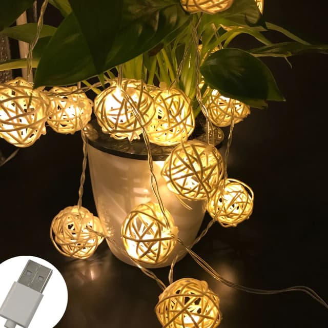 Boule de rotin lumières de noël chaîne 2.5M 20Led guirlande blanche chaude 3.2cm de diamètre boule pour la décoration de vacances lampe féerique Navidad