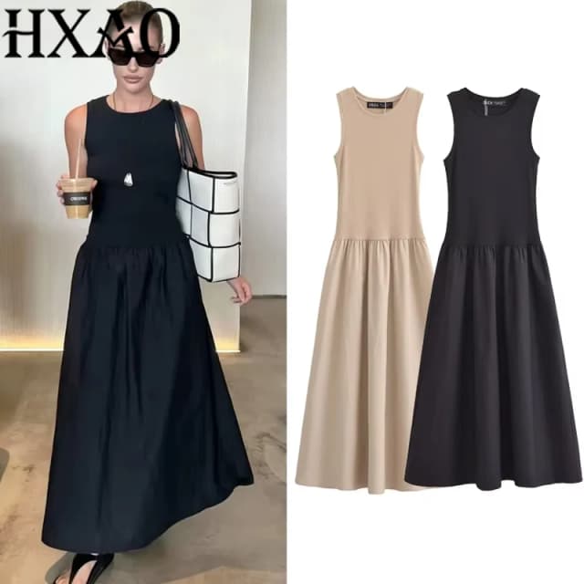 HXAO femmes robes longues noires 2025 printemps sans manches robes élégantes mode décontracté Vintage fête kaki robes robes