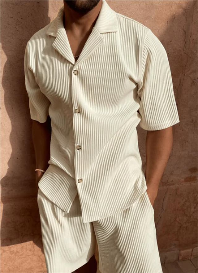 Costume printemps/été en velours côtelé de couleur unie, chemise à manches courtes et short extensible, costume de plage décontracté