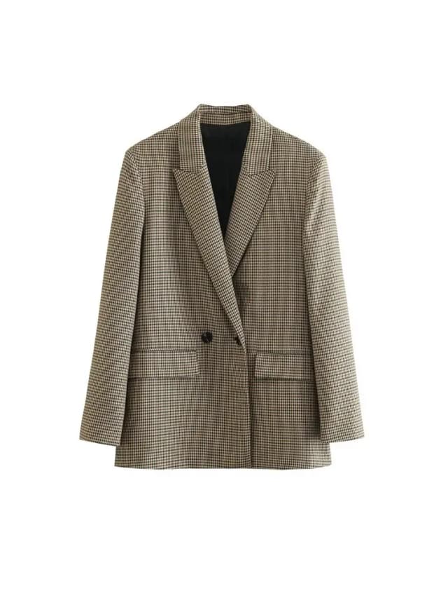 Femmes mode Double boutonnage Plaid Blazer manteau Vintage à manches longues rabat poches vêtements de dessus pour femmes Chic Vestes Femme
