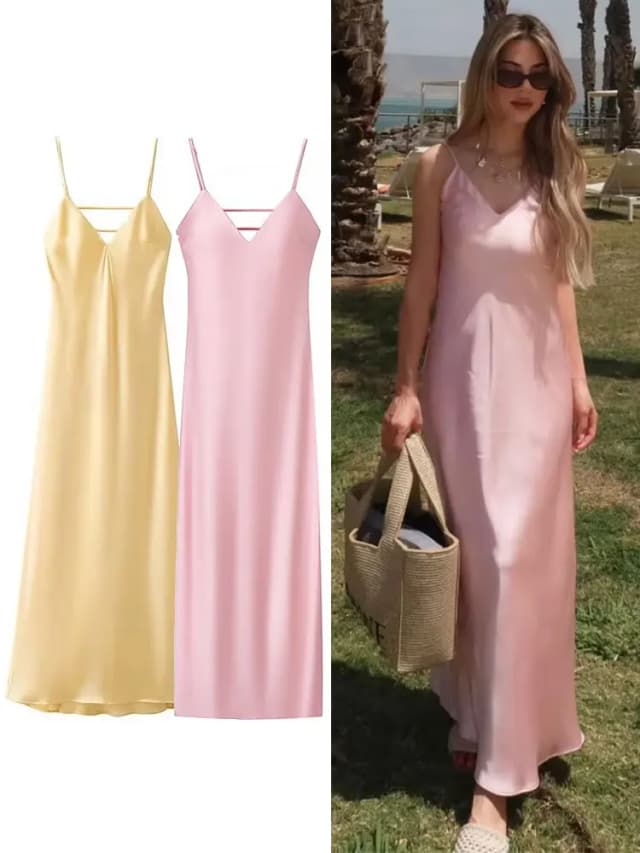 HH rose tache fronde robes femmes élégant col en V sans manches dos nu mince longue robe 2025 été dame fête robe de vacances