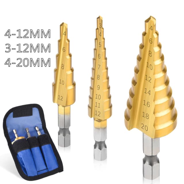 Forets étagés revêtus de titane en acier Hss, 3-12mm 4-12mm 4-20mm, outils de coupe de cône étagé, acier, bois, métal, ensemble électrique de perçage