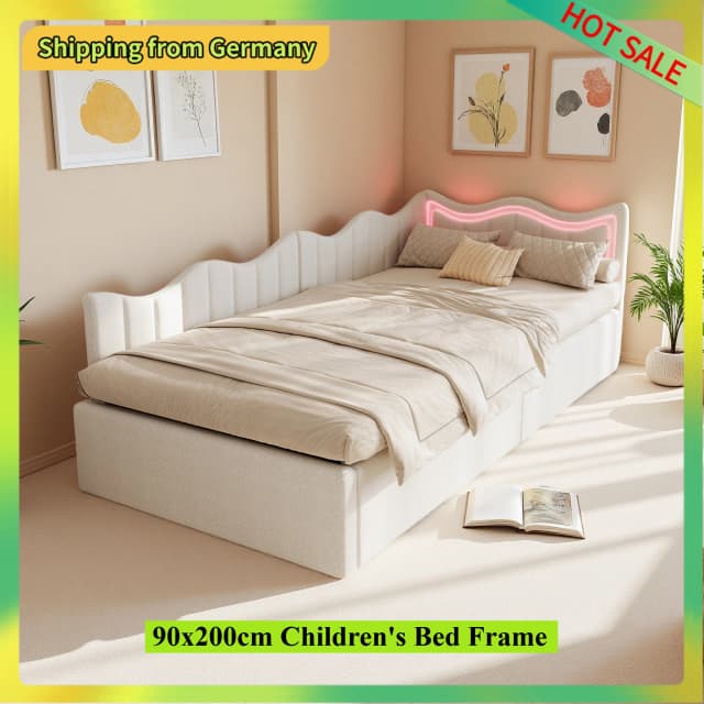 Comanlai 90x200 cm Canapé-lit et lit enfant avec lumière LED, cadre de lit à rangement hydraulique, tissu velours, blanc cassé
