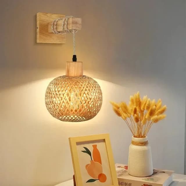 Applique murale de chevet tissée en bambou japonais rétro enfichable, lampe en rotin pour salle à manger, chambre à coucher, ferme, mur de fond intérieur Rural