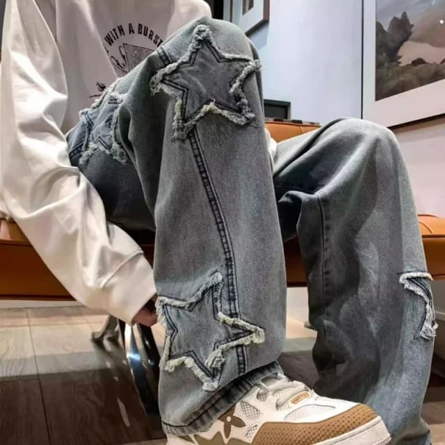 Jean ample brodé d'étoiles pour hommes, pantalon en Denim, extensible, doux, droit, jambes larges, Y2K, Hip Hop, nouvelle collection