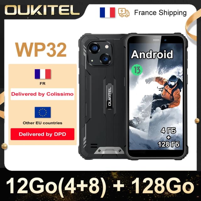 OUKITEL WP32 12Go(4+8) 128Go Telephone Portable IP68,Octa-Core,6.0" HD+,Incassable Smartphone 6300mAh Android 13