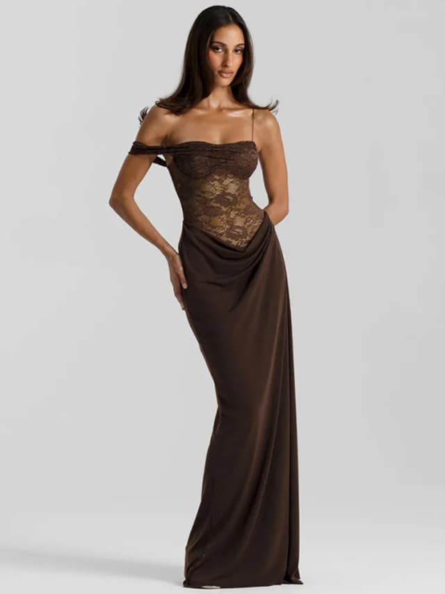 Mozision une épaule dentelle voir à travers Sexy robe Maxi femmes robe mode épaules dénudées sans manches dos nu Club longues robes