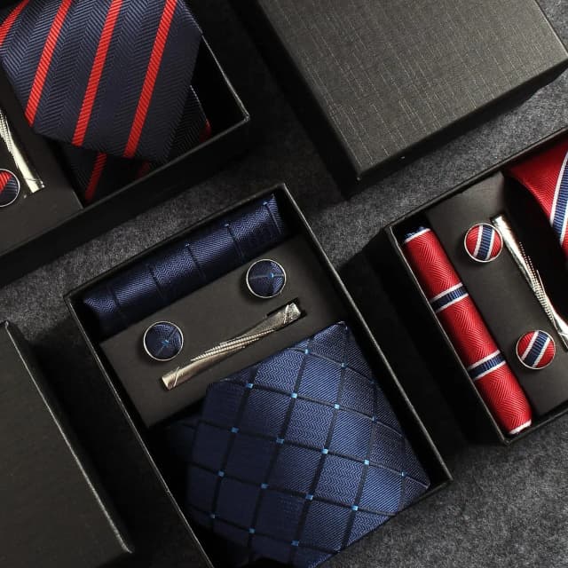 Cravates classiques 100% soie pour hommes dans une boîte cadeau, 8cm, Plaid à pois rayés, cravate d'affaires, mouchoir, boutons de manchette, ensemble de cravates pour fête de mariage