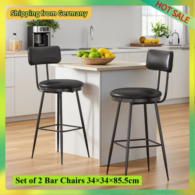 Comanlai 85 cm 2 pièces/ensemble chaises de bar à dossier haut, tabourets de bar avec pieds en métal, chaise de cuisine, chaise haute pour bar, cuir PU, noir