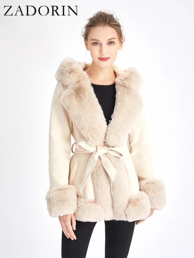 ZADORIN manteau d'hiver femmes 2024 fourrure capuche daim noir fausse fourrure manteau avec ceinture épais chaud fourrure Cardigan fausse fourrure vestes pour les femmes