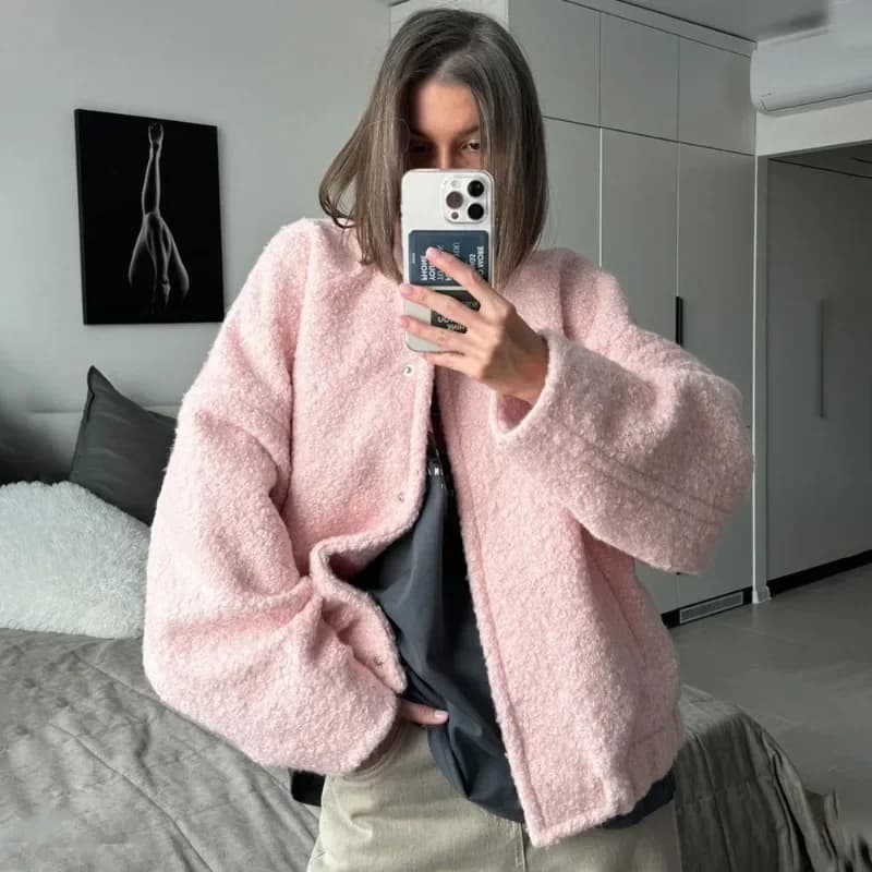 Veste courte rose en fourrure pour femme, veste à manches longues, haut décontracté, col montant, poche boutonnée, chaud, mode automne