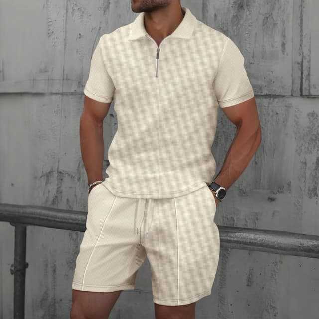 2025 hommes Europe et états-unis nouvel été gaufre couleur unie fermeture éclair revers à manches courtes costume shorts deux ensembles