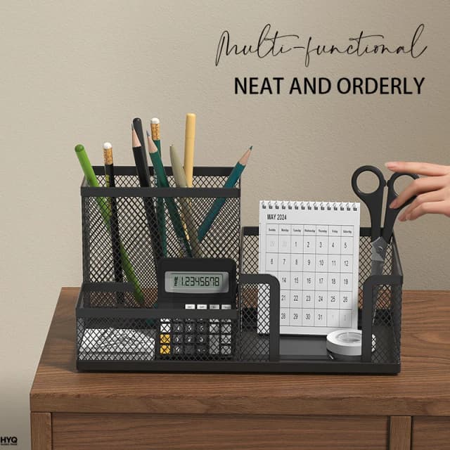 Organisateur de bureau en maille, 3 compartiments avec porte-crayons et paniers de rangement, noir