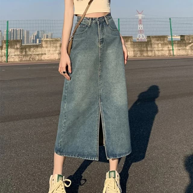 Jupe en jean fendue taille haute pour femmes, délavée, rétro, ligne a, couvrant les hanches, longue et droite, nouvelle collection été