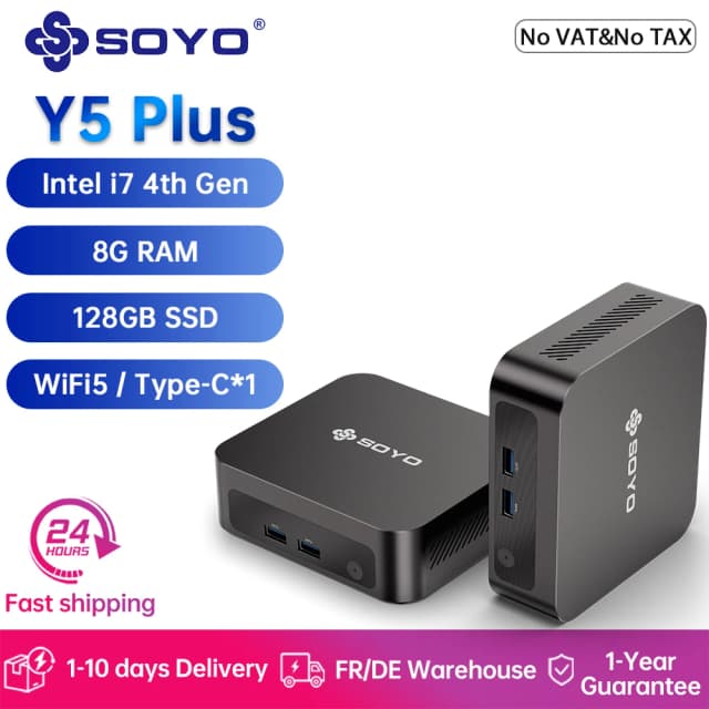 Mini PC SOYO Y5 Plus avec processeur Intel Core i7 4e génération, Windows 11 Pro, 8 Go de RAM, SSD M.2 128 Go, prend en charge deux écrans 4K, Type-C, pour le bureau et les entreprises