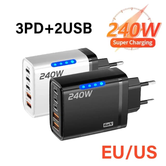Chargeur de téléphone rapide 240W GaN 5 en 1, adaptateur secteur USB C, prise EU/US, pour iPhone, Samsung, Xiaomi