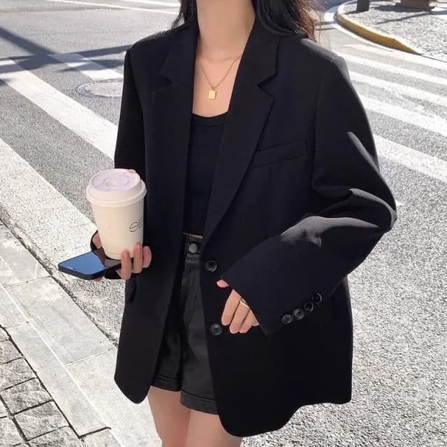 Blazer noir pour femmes, mode Streetwear, simple boutonnage, petite veste de costume décontractée, ample, manches longues, vêtements d'extérieur, automne hiver