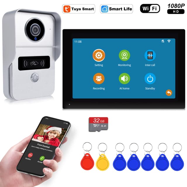 Système de sonnette vidéo sans fil pour la maison, interphone vidéo, écran tactile 7 pouces, caméra de porte, Wi-Fi, carte SD 32 Go, 1080P